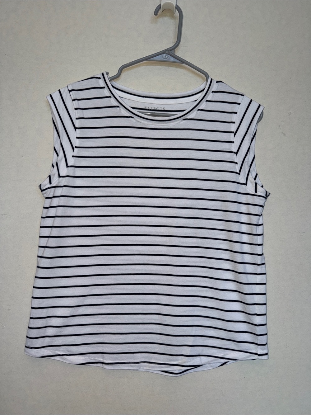 Talbots White and Navy Striped Cap-Sleeve Tee